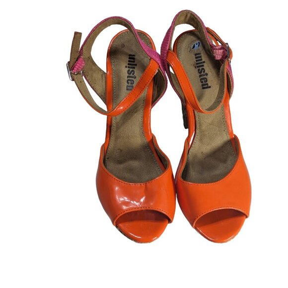 Unlisted by Kenneth Cole Orange Pink Strappy Women's 6.5 Basket Weave Wedge - Picture 2 of 8